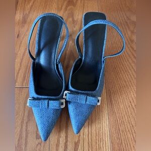 Denim Chunky Heels Sandals for Women with Blue Bow Slingback Closed Pointed